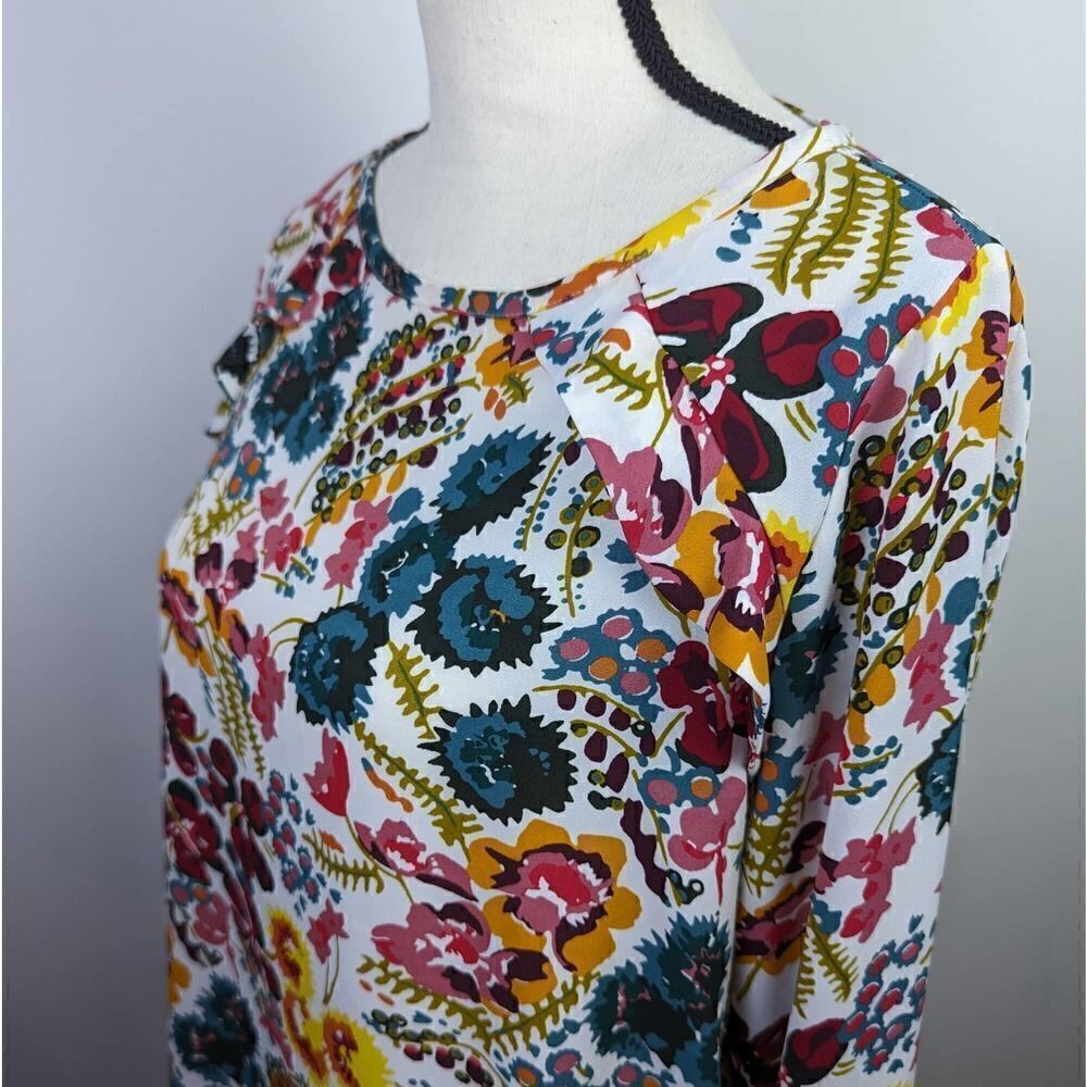 LOFT Floral Long Sleeve Ruffle Detail Blouse Size Med